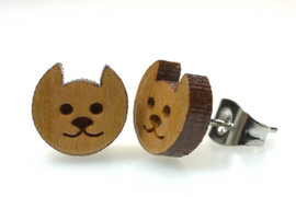 Cat Face Earrings Solid Cherry Wood on Surgical Steel or 14K Gold Filled Posts