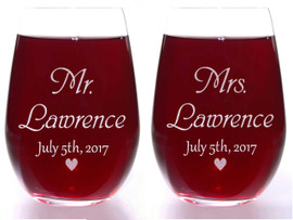 Valentine's Day Stemless Mr and Mrs Wine Glass Set featuring Font #13