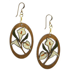 Calla Lily earrings wood inlay on a mahogany base with 14K gold filled wires