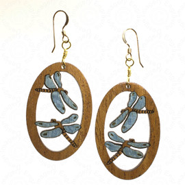 Teal Blue Dragonfly Wood Inlay Earrings set in a solid mahogany base with 14K gold filled wires