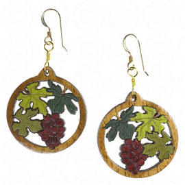 Purple Grapes and three different shades of green inlaid leaves, each hand inlaid into a solid mahogany base create this unique and beautiful pair of handcrafted earrings.