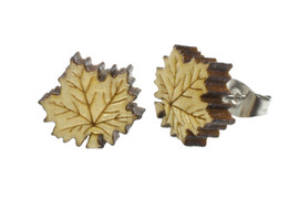 Maple Leaf Post Earring made of solid curly maple on surgical steel posts