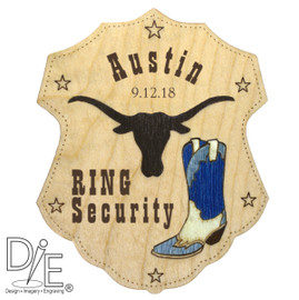 Curly Maple Wedding Badge with Black Steer and Blue Cowboy Boot Personalized