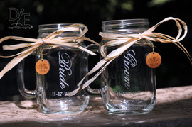 Bride and Groom Engraved Wedding Mason Jars with Wooden Charms