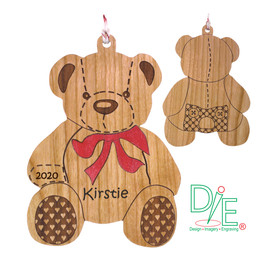 Teddy Bear Ornament made from Solid Cherry Wood, Engraved on both Sides.