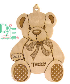 Wooden Teddy Bear Ornament made from Solid Curly Maple, Personalized and Dated.  Hand Sanded and Finished with Clear Coat