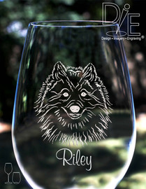 Artwork by Design Imagery Engraving offered in high resolution with complimentary personalization on both sides in a variety of stemmed and stemless sizes and styles for your Keeshond Wine Glasses