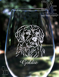 Artwork by Design Imagery Engraving offered in high resolution with complimentary personalization on both sides in a variety of stemmed and stemless sizes and styles for your  Golden Retriever Wine Glass