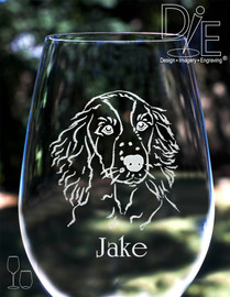 Artwork by Design Imagery Engraving offered in high resolution with complimentary personalization on both sides in a variety of stemmed and stemless sizes and styles for your  Springer Spaniel Wine Glass