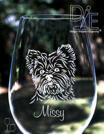 Artwork by Design Imagery Engraving offered in high resolution with complimentary personalization on both sides in a variety of stemmed and stemless sizes and styles for your  Yorkshire Terrier Wine Glass