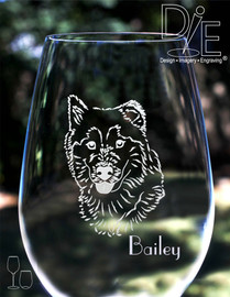 Artwork by Design Imagery Engraving offered in high resolution with complimentary personalization on both sides in a variety of stemmed and stemless sizes and styles for your  Siberian Husky Malamute or Samoyed Wine Glass