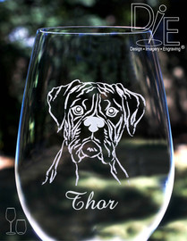 Artwork by Design Imagery Engraving offered in high resolution with complimentary personalization on both sides in a variety of stemmed and stemless sizes and styles for your Boxer Dog Wine Glass