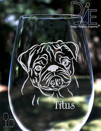 Artwork by Design Imagery Engraving offered in high resolution with complimentary personalization on both sides in a variety of stemmed and stemless sizes and styles for your Pug Wine Glass