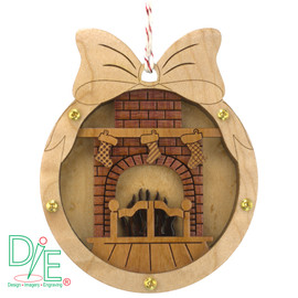Wooden Cozy Hearth Fireplace Ornament with Curly Maple Frame by Design Imagery Engraving