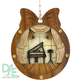 Christmas Tree Piano Ornament by Design Imagery Engraving with White Sound Tiles Engraved on Maple Backdrop