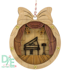 Christmas Tree Ornament Piano with Red Cedar Curtains, and Curly Maple Frame by Design Imagery Engraving