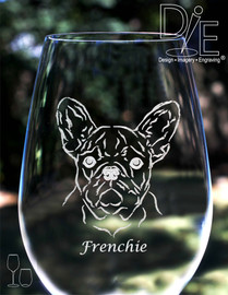 Artwork by Design Imagery Engraving offered in high resolution with complimentary personalization on both sides in a variety of stemmed and stemless sizes and styles for your French Bulldog Wine Glass