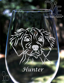 Artwork by Design Imagery Engraving offered in high resolution with complimentary personalization on both sides in a variety of stemmed and stemless sizes and styles for your Brittany Spaniel Wine Glass