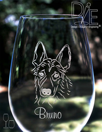 Artwork by Design Imagery Engraving offered in high resolution with complimentary personalization on both sides in a variety of stemmed and stemless sizes and styles for your German Shepherd Wine Glass