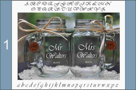 Customizable Mr and Mrs Mason Jars with choice of wood charms in a Contemporary Script Font