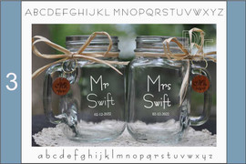 Mr and Mrs Engraved Mason Jars with choice of wood charms in Contemporary Block Font