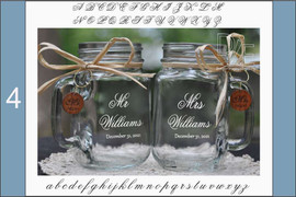 Mr and Mrs Mason Jars with choice of wood charms in Beautiful Script