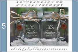 Mr and Mrs Mason Jars with choice of wood charms in a Classic Wedding Script