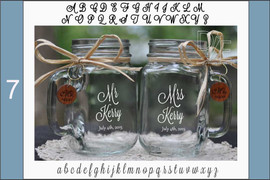 Customizable Mr and Mrs Mason Jars with choice of wood charms in Decorative Script Font