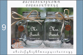 Mr and Mrs Mason Jars with choice of wood charms in a Fancy Cursive