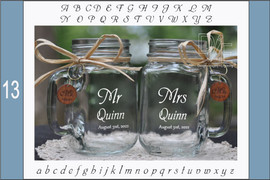 Customizable Mr and Mrs Mason Jars with choice of wood charms in a Popular Wedding Script Font