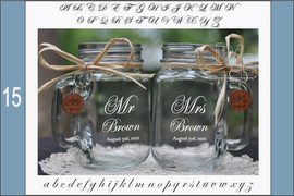 Mr and Mrs Mason Jars with choice of wood charms in an Elegant Cursive Font