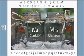Mr and Mrs Mason Jars with choice of wood charms in a Square Block Font