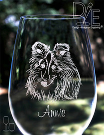 Artwork by Design Imagery Engraving offered in high resolution with complimentary personalization on both sides in a variety of stemmed and stemless sizes and styles for your Collie or Sheltie Wine Glass