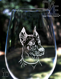 Doberman Pinscher Wine Glass with full size Artwork on Side 1.  Note that adding a name to side 1 will reduce the drawing to accommodate the text.