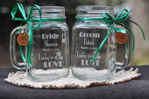 Shamrock Wedding Mason Jar Set with Cherrywood Charms