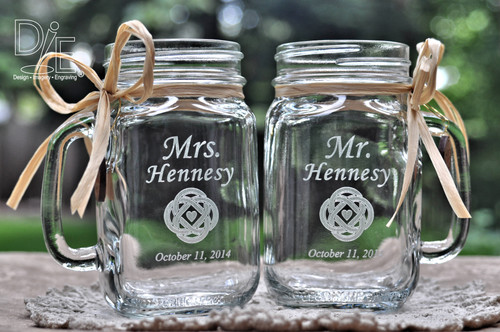 Mason Jar Set engraved with First and Last Names followed by celtic artwork and a date