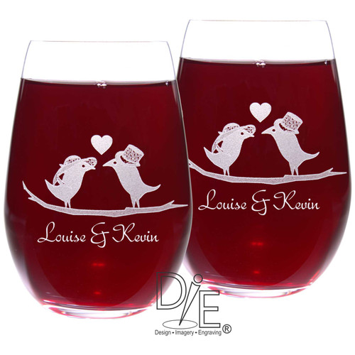 Love Bird Wine Glasses with Nostalgic Birds