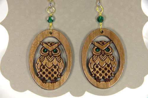 Wooden Owl Earrings with Green Swarovsky Crystals
