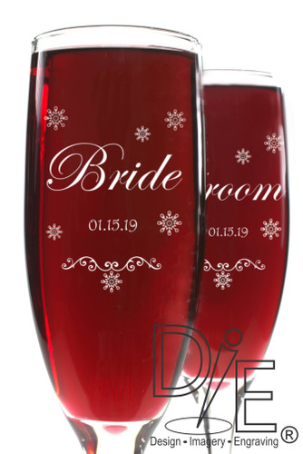 Bride Groom Snowflake Champagne Flutes by Design Imagery Engraving