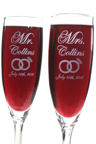 Double Wedding Ring Champagne Flutes on Petal Stems by Design Imagery Engraving
