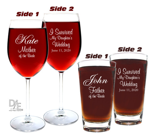 Crystal Wine Glass and Heavy Based Beer Double Side Engraved for Parents of the Bride