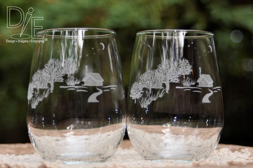 Cabin Wine Glasses - Stemless Set of 2 by Design Imagery Engraving