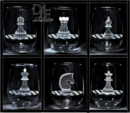 Set of 6 Stemless Wine Glasses with Exclusive Chess Piece on Table Art by Design Imagery Engraving