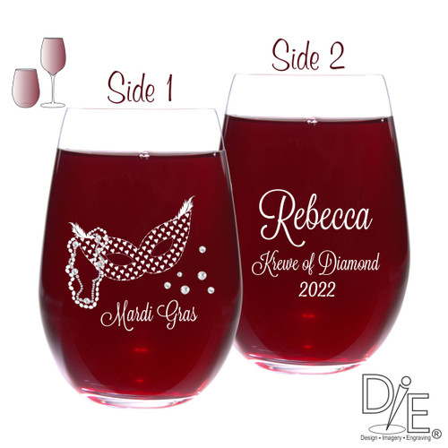 Mardi Gras Personalized Stemless Wine Glass with 2nd side engraving