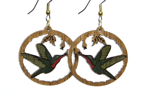 Hummingbird Earrings are solid Mahogany with tiny inlaid veneers to create our happy little birds with surgical steel wires.
