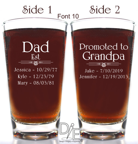 Dad Promoted to Grandpa Pilsner with names and dates in Font 10 by Design Imagery Engraving