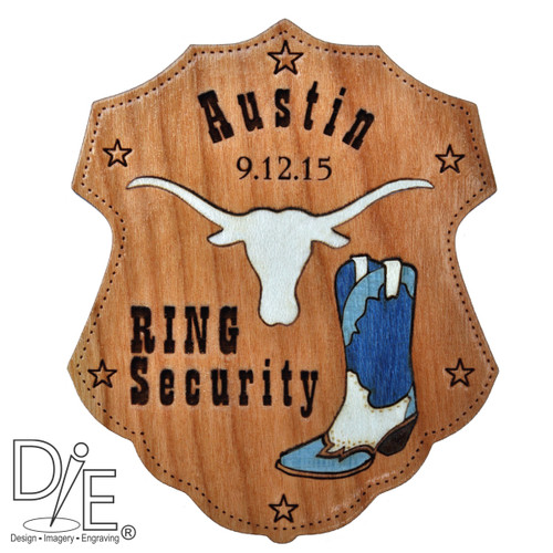 Ring Security Wedding Badge Wood Inlay Cowboy Boot and Texas Longhorn