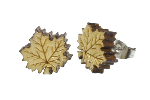 Maple Leaf Post Earring made of solid curly maple on surgical steel posts