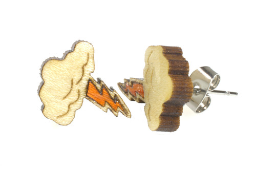 Cloud with orange wood inlay lightning bolt post earrings made from solid curly maple on surgical steel posts