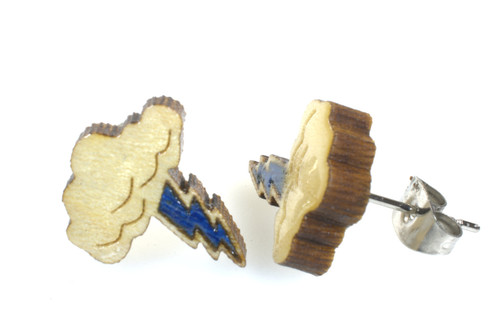 Cloud and Blue Lightning Bolt wood inlay earrings made from Solid Curly Maple on Surgical Steel Posts